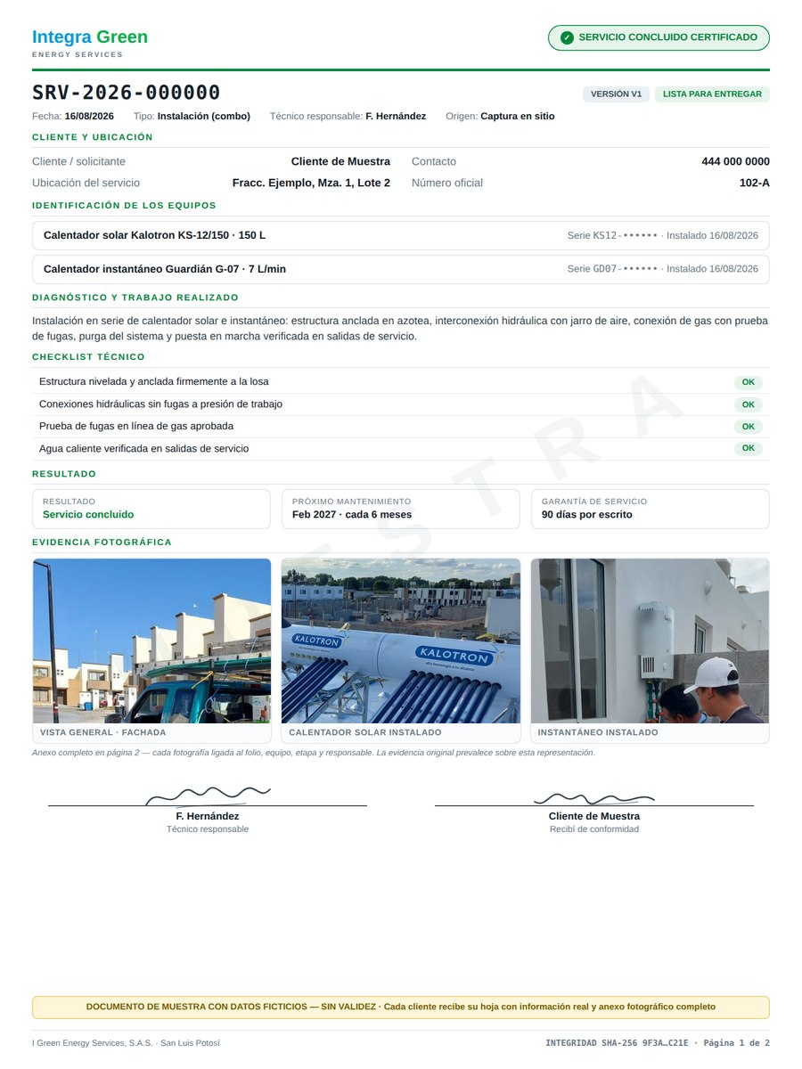 Hoja de servicio de I Green — muestra con datos ficticios: folio, certificado, checklist, garantía e integridad
